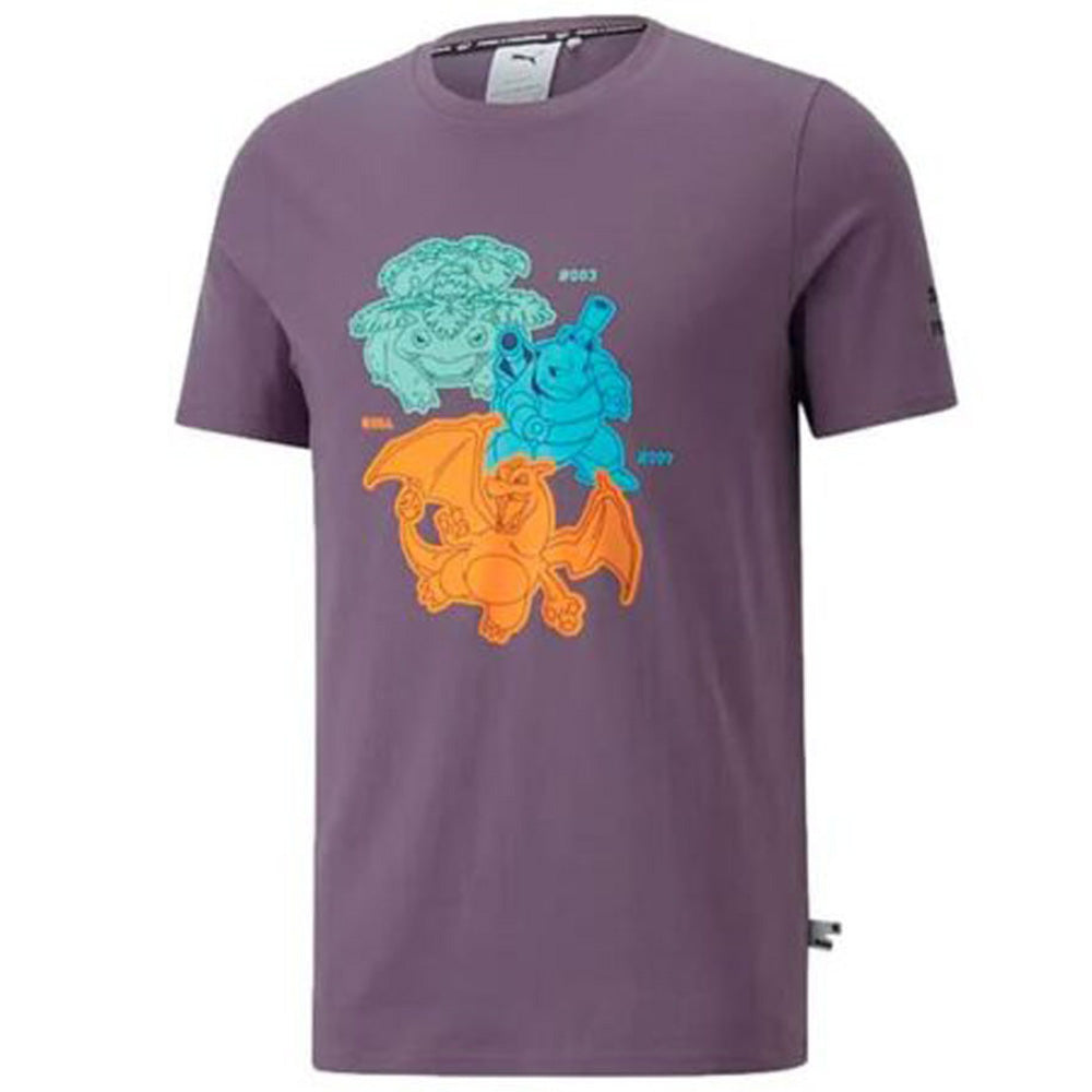 X POKEMON Tee Men Printed Round Neck Cotton Blend Purple T-Shirt